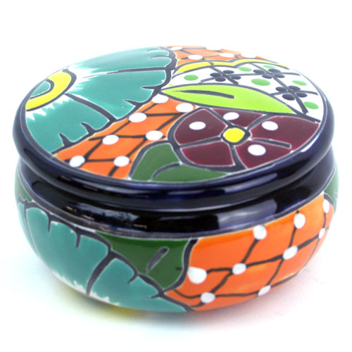 71-07-04N - Dose mit Deckel, handbemalt, Talavera, 12x7 cm, naranja