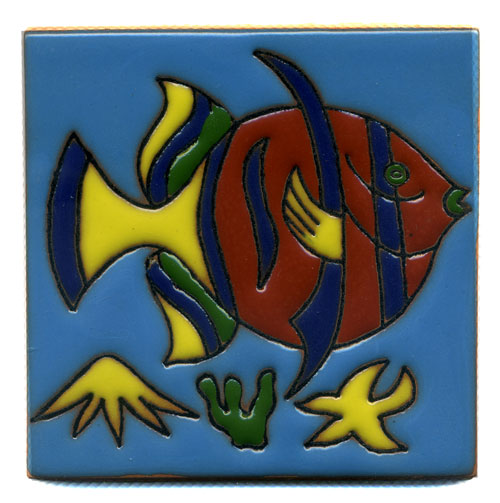 9-24-029 -  Relief-Fliese 10x10 - Pez rajado, fondo turqueza
