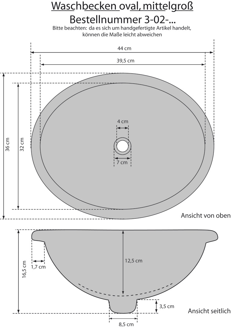 Waschbecken 44x36, oval, mango gewaschen
