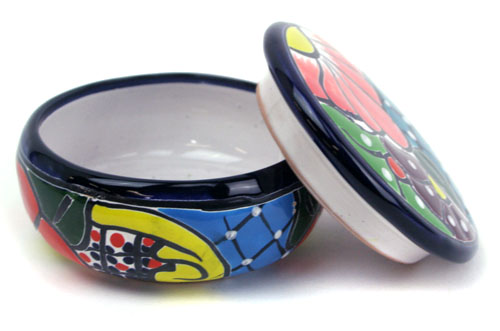 Dose mit Deckel, handbemalt, Talavera, 12x7 cm, azul