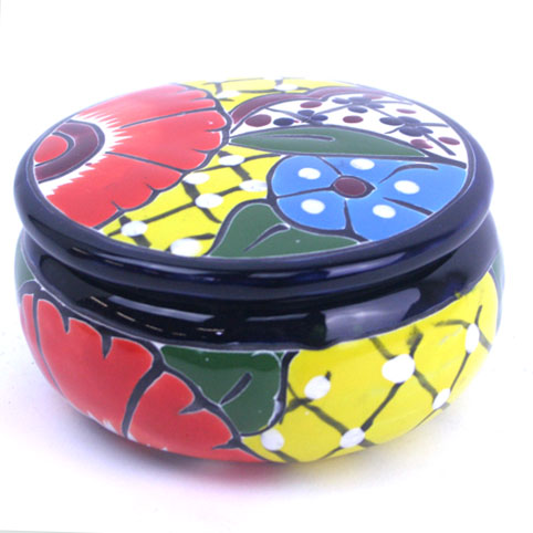 71-07-04A - Dose mit Deckel, handbemalt, Talavera, 12x7 cm, gelb