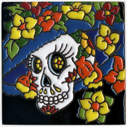 9-24-008 - Relief-Fliese 10x10 - Skull mit Hut und Blumen