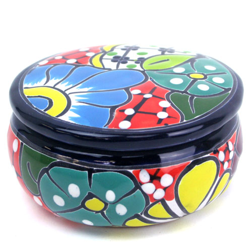 71-07-04R - Dose mit Deckel, handbemalt, Talavera, 12x7 cm, rot