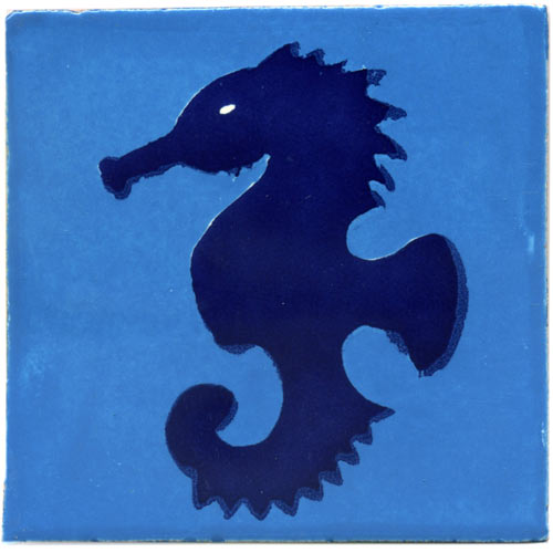 9-12-184 - Handbemalte Fliese 10x10 - Caballito de mar turqueza