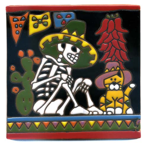 5-2-3702 - Relief-Fliese 10x10 - Skelett mit Katze