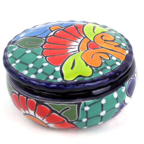 71-07-04VA - Dose mit Deckel, handbemalt, Talavera, 12x7 cm, verde aqua