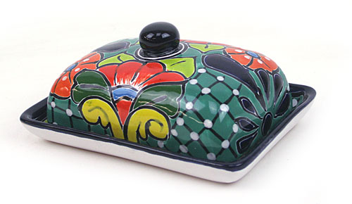 Butterdose mit Deckel, Talavera, handbemalt - verde agua