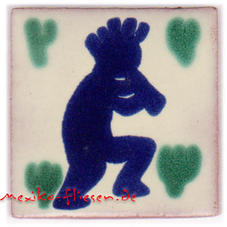 9-13-35 - Handbemalte Fliese 5x5 - Kokopelli azul blanco