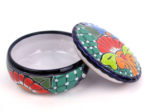 Dose mit Deckel, handbemalt, Talavera, 12x7 cm, verde aqua