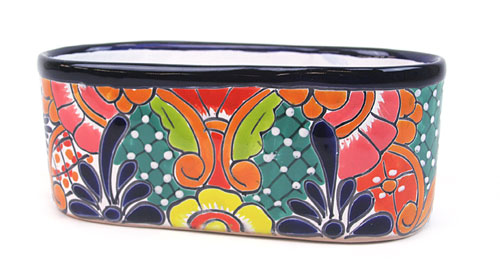 Blumenübertopf länglich, Talavera, handbemalt, verde agua