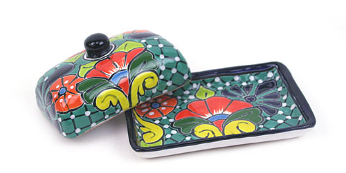 71-09-01VA - Butterdose mit Deckel, Talavera, handbemalt - verde agua