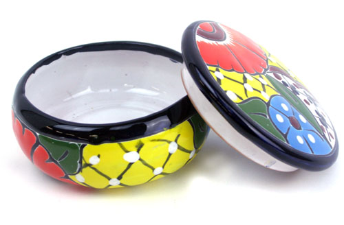 Dose mit Deckel, handbemalt, Talavera, 12x7 cm, gelb