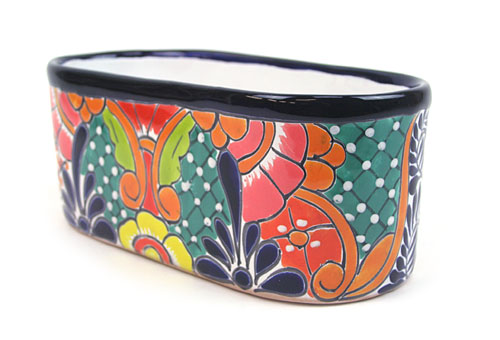71-09-05VA - Blumenübertopf länglich, Talavera, handbemalt, verde agua